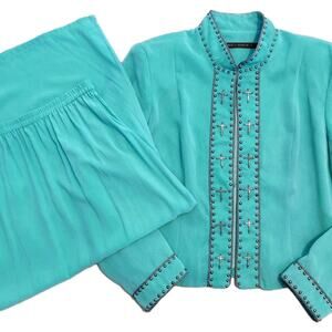 Double D Ranch Skirt & Jacket Womens Sz L Teal Studs Cross Western Dance Wedding